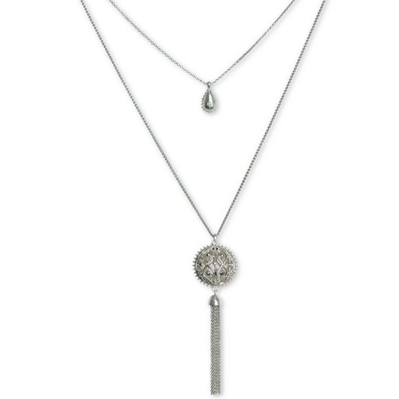 Lucky Brand Silver-Tone Pave Openwork & Chain Tassel Double-Layer 28-1/2" Pendan